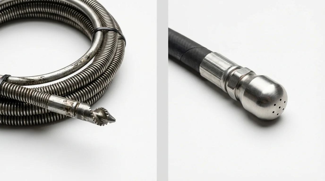 Drain snake cable and hydro jetting nozzle used for drain cleaning in Franklin, MA
