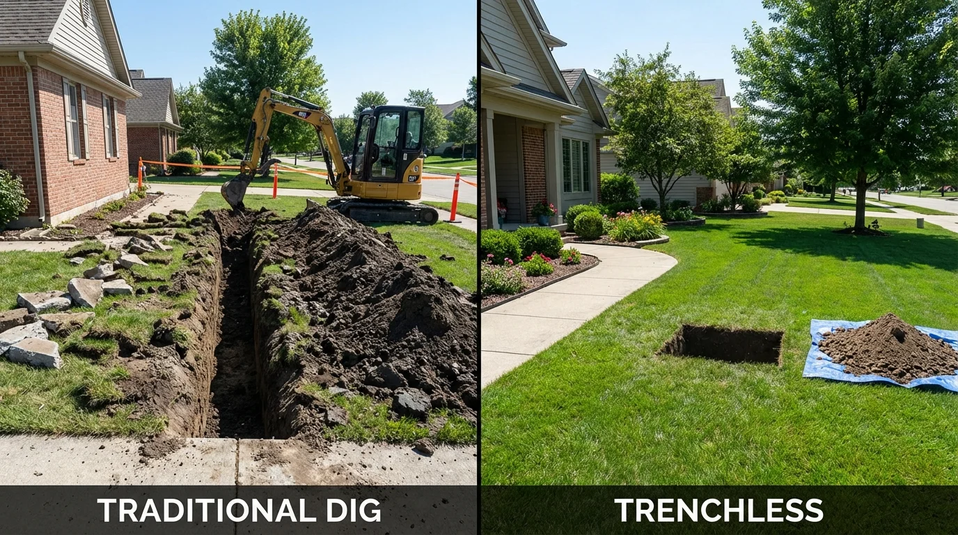 Trenchless sewer repair with minimal yard damage versus traditional excavation in Franklin, MA